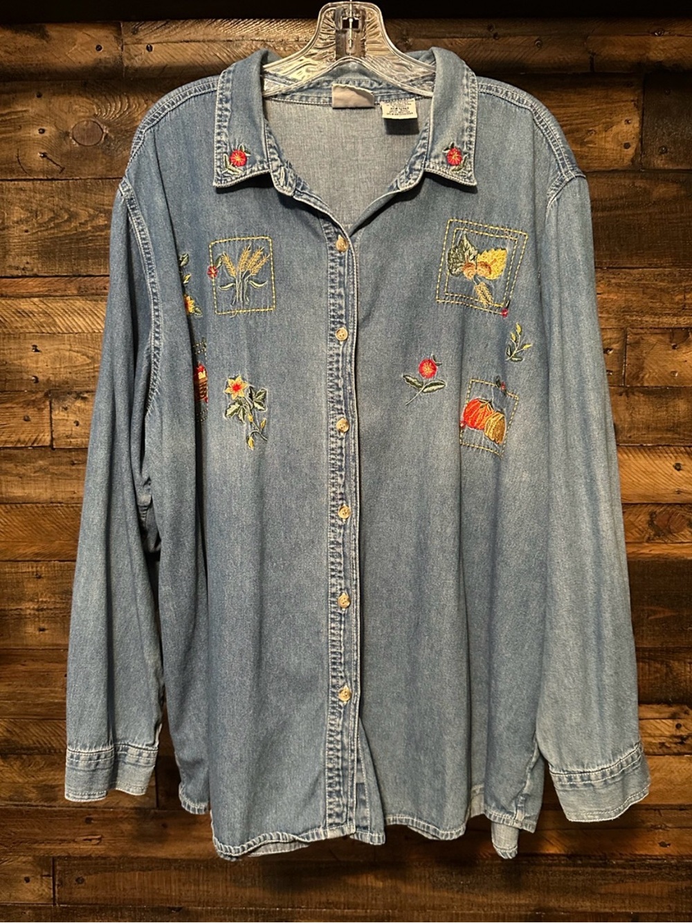 Vintage 90s Bobbie Brooks Embroidered Fall Harvest Denim Shirt Plus Size 26W/28W